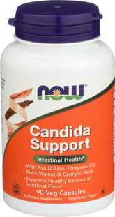 NOW Foods bote frontal del suplemento Candida Support mostrando diseño y ventaja del pack