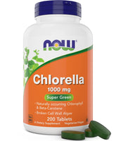 NOW Foods envase frontal de Chlorella mostrando 200 tabletas y beneficios