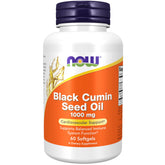 NOW Foods frasco frontal del aceite de comino negro con beneficios visibles