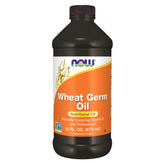 NOW Foods envase frontal mostrando aceite de germen de trigo y etiqueta