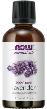 NOW Foods botella frontal de aceite de lavanda mostrando etiqueta clara y pureza