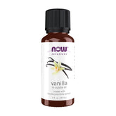 NOW Foods botella frontal mostrando aceite de vainilla y sello vegano
