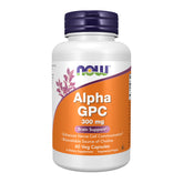 Now Foods frasco frontal del Alpha GPC 300 mg, etiqueta clara y beneficios