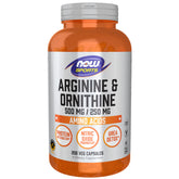 NOW Foods envase frontal mostrando arginina y ornitina, conveniencia y pureza