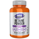 NOW Foods envase frontal de betaine polvo mostrando etiqueta y beneficios claros