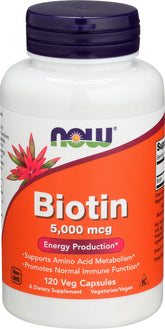 NOW Foods frasco frontal mostrando la biotina y beneficios identificables