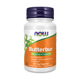 NOW Foods botella frontal del suplemento Butterbur con información visible y confianza