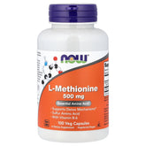 Now Foods botella frontal del suplemento L‑Methionine 500 mg, presentación clara