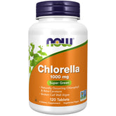NOW Foods envase frontal de chlorella mostrando cantidad y beneficios