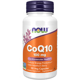 NOW Foods envase frontal mostrando CoQ10 100 mg y 90 cápsulas, calidad farmacéutica