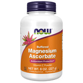 NOW Foods envase frontal del polvo de magnesio ascorbato mostrando marca y beneficio
