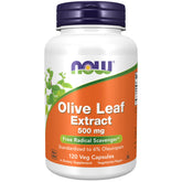 NOW Foods frasco frontal del extracto de hoja de olivo con etiqueta clara
