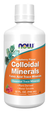 NOW Foods botella frontal de Colloidal Minerals frambuesa, fácil de beber