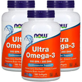 NOW Foods empaque frontal de Ultra Omega-3 mostrando 3 frascos y beneficios de pureza