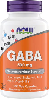 NOW Foods frasco frontal de GABA 300 cápsulas mostrando etiqueta clara y cantidad