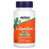 Now Foods frasco frontal de L-OptiZinc 30 mg muestra etiqueta clara y beneficio de alta absorción