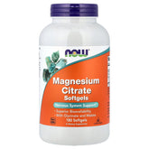 NOW Foods envase frontal de Magnesium Citrate 180 softgels mostrando etiqueta y contenido conveniente