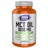 NOW Foods frasco frontal del producto MCT Oil con etiqueta clara y beneficios