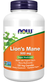 NOW Foods frasco frontal de Lion's Mane 120 cápsulas, fácil identificación