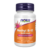 NOW Foods envase frontal de Methyl B-12 5.000 mcg que muestra el producto y beneficios