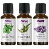 NOW Foods vista frontal del pack de tres aceites para aromaterapia y versatilidad