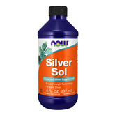 NOW Foods envase frontal de Silver Sol 8 oz mostrando etiqueta y tamaño