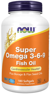 NOW Foods envase frontal Super Omega 3-6-9 mostrando cantidad y diseño, aporta confianza