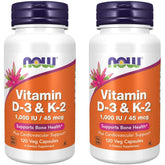 NOW Foods frasco frontal del suplemento D‑3 y K‑2 mostrando dosis, fácil identificación
