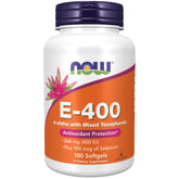 NOW Foods frasco frontal de Vitamina E 400 IU mostrando diseño y tamaño