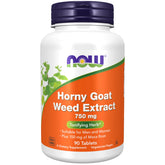 NOW Horny Goat Weed envase frontal mostrando 90 tabletas y etiqueta clara