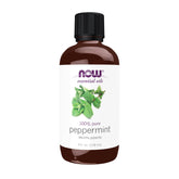 NOW Peppermint Oil frente del envase mostrando 4 oz, presentación clara y segura