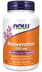 NOW Resveratrol vista frontal del frasco, presentación clara y segura