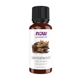 NOW Foods botella frontal mostrando mezcla de sándalo en jojoba y uso fácil