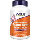 NOW Foods frasco frontal del extracto de semilla de uva 500 mg mostrando etiqueta clara y cantidad