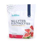 NuEthix paquete frontal NU-LYTES sandía mostrando 15 sobres y beneficios de hidratación