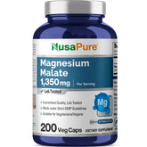 NusaPure envase frontal de Magnesium Malate mostrando dosis y beneficios