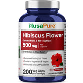 NusaPure frasco frontal con hibisco, presenta información clara y conveniencia