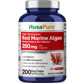 NusaPure botella frontal con algas marinas rojas mostrando conveniencia