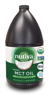 Nutiva botella frontal de 128 fl oz mostrando etiqueta y tamaño útil