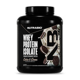 NutraBio vista frontal del envase mostrando sabor Cookies & Cream y beneficio de proteína limpia