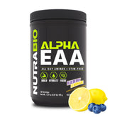 NutraBio Alpha EAA frente del empaque mostrando sabor Blueberry Lemonade y transparencia