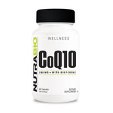 NutraBio CoQ10 frente del envase mostrando presentación de 60 cápsulas