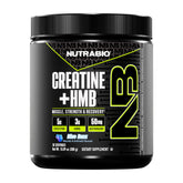 NutraBio envase frontal mostrando creatina HMB y beneficios de fuerza