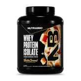 NutraBio frasco frontal sabor Vainilla Caramelo mostrando etiqueta clara y beneficios
