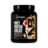NutraBio envase frontal mostrando sabor Vainilla Caramelo y beneficios