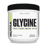 NutraBio frasco Glycine Powder visible desde el frente, presentando formato y claridad