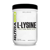 NutraBio envase frontal de L-Lysine Powder mostrando diseño y capacidad