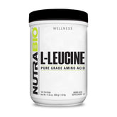 NutraBio L-Leucine frente del envase mostrando pureza y diseño