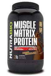 NutraBio envase frontal mostrando Muscle Matrix y beneficio de 25 g proteína