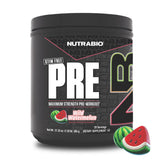 NutraBio envase frontal STIM-Free PRE Workout sandía, vista clara y beneficios